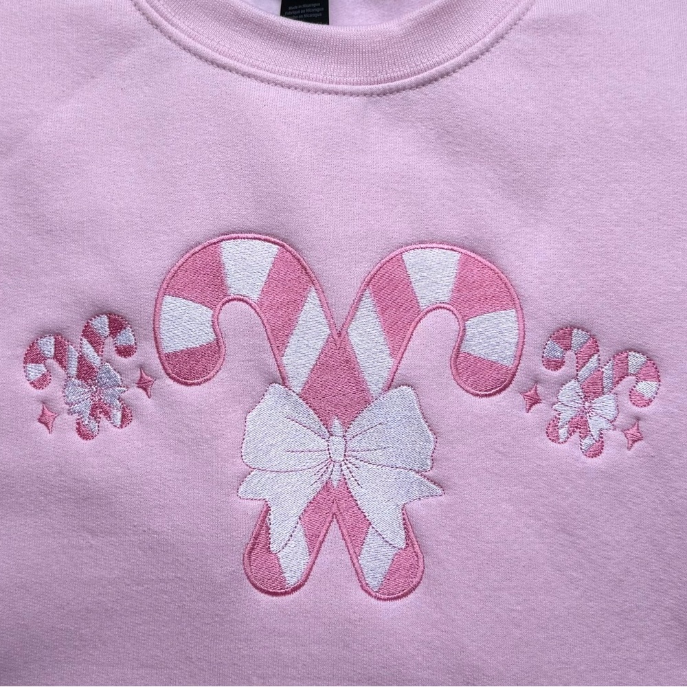 Pink Coquette Candy Cane Embroidered Sweatshirt